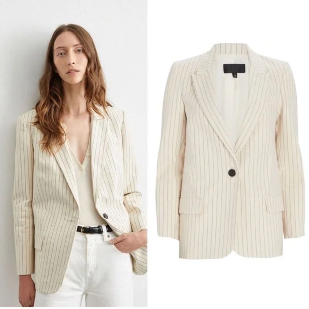 Nili Lotan Don Pinstriped Cotton Canvas Blazer Cream & Navy Blue Size 8
